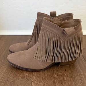Restricted Fringe Suede Ankle Booties - Brown